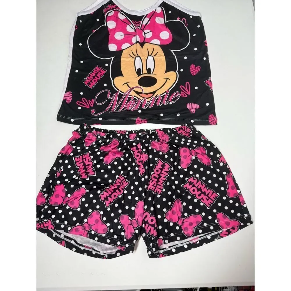Girl's Minnie Mouse Pajama Tank Top/Shorts Set Sz XL See Description Black Pink